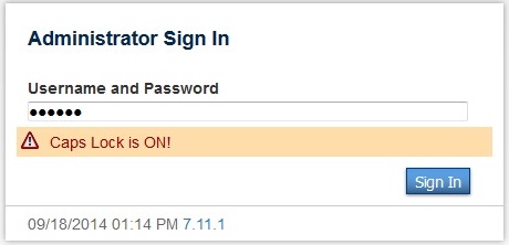 Admin log in page with Caps Lock On alert